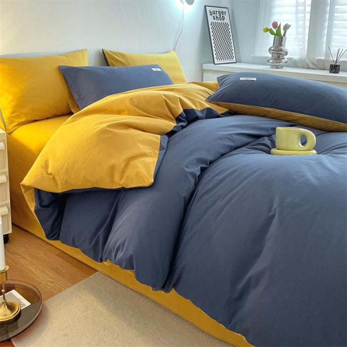91家纺网 家纺一手货源 找家纺 798家纺 2022新款纯色全棉水洗棉单品被套 牛仔蓝+杏黄