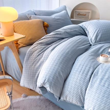 锦罗绣 2024新款230克牛奶绒烂花四件套 千鸟格-水蓝