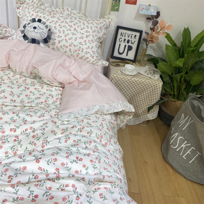 91家纺网 家纺一手货源 找家纺 棉生活 2022新款韩系花边碎花四件套 花季物语-红