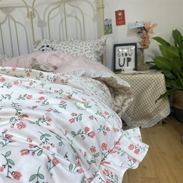 91家纺网 家纺一手货源 找家纺 棉生活 2022新款韩系花边碎花四件套 花季物语-红