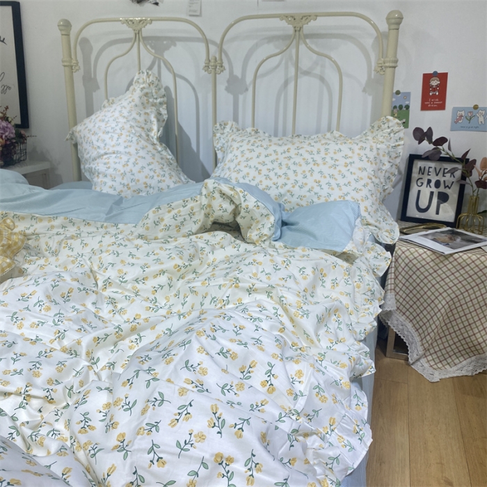 91家纺网 家纺一手货源 找家纺 棉生活 2022新款韩系花边碎花四件套 花季物语-黄