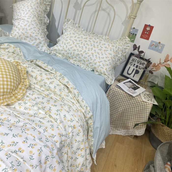 91家纺网 家纺一手货源 找家纺 棉生活 2022新款韩系花边碎花四件套 花季物语-黄