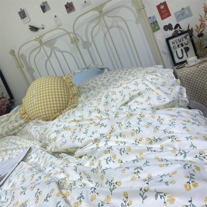 91家纺网 家纺一手货源 找家纺 棉生活 2022新款韩系花边碎花四件套 花季物语-黄