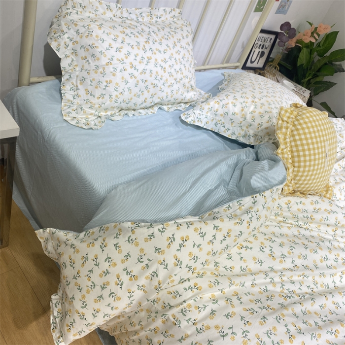 91家纺网 家纺一手货源 找家纺 棉生活 2022新款韩系花边碎花四件套 花季物语-黄