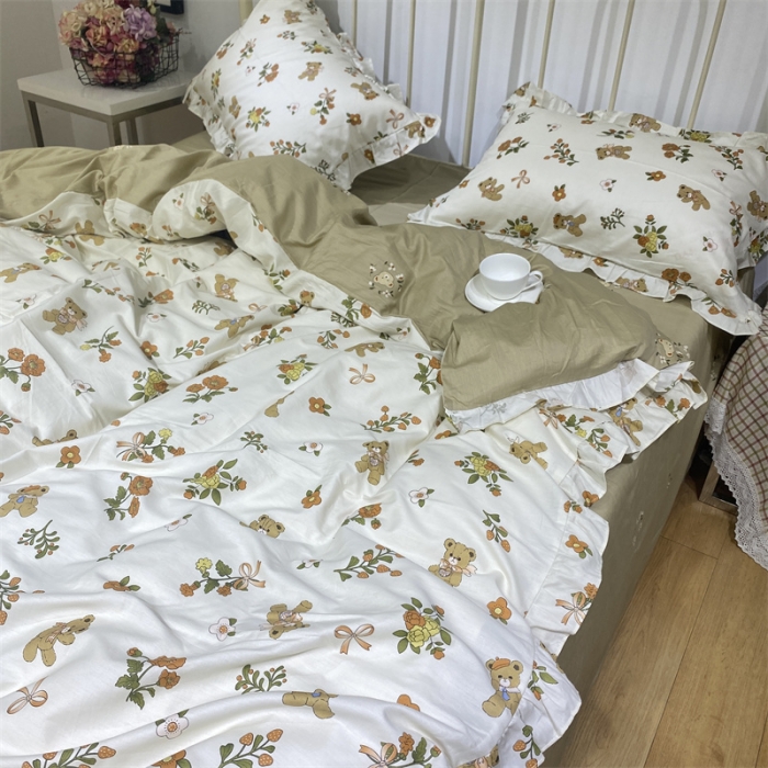 91家纺网 家纺一手货源 找家纺 棉生活 2022新款韩系花边碎花四件套 悠悠熊