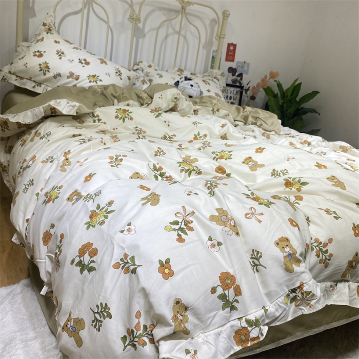 91家纺网 家纺一手货源 找家纺 棉生活 2022新款韩系花边碎花四件套 悠悠熊