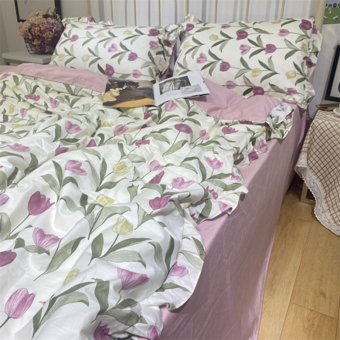 91家纺网 家纺一手货源 找家纺 棉生活 2022新款韩系花边碎花四件套 郁金香