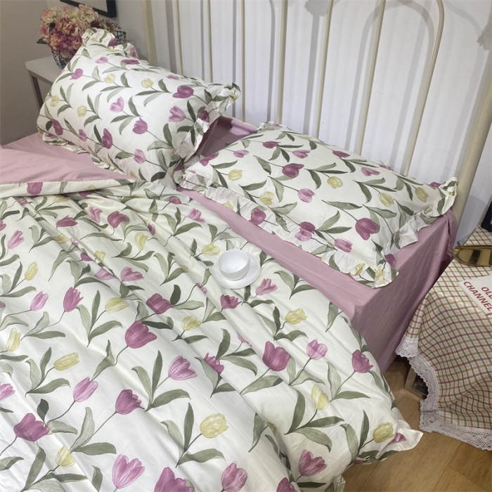 91家纺网 家纺一手货源 找家纺 棉生活 2022新款韩系花边碎花四件套 郁金香