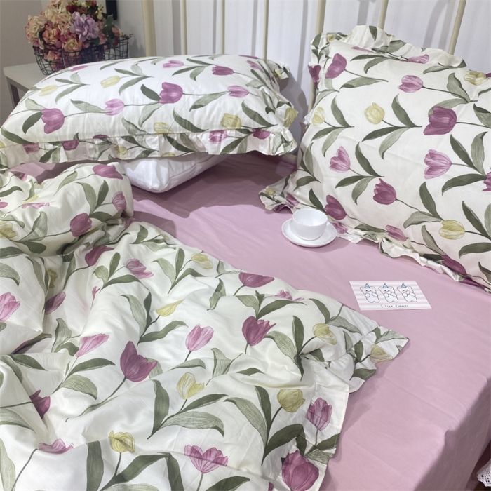 91家纺网 家纺一手货源 找家纺 棉生活 2022新款韩系花边碎花四件套 郁金香