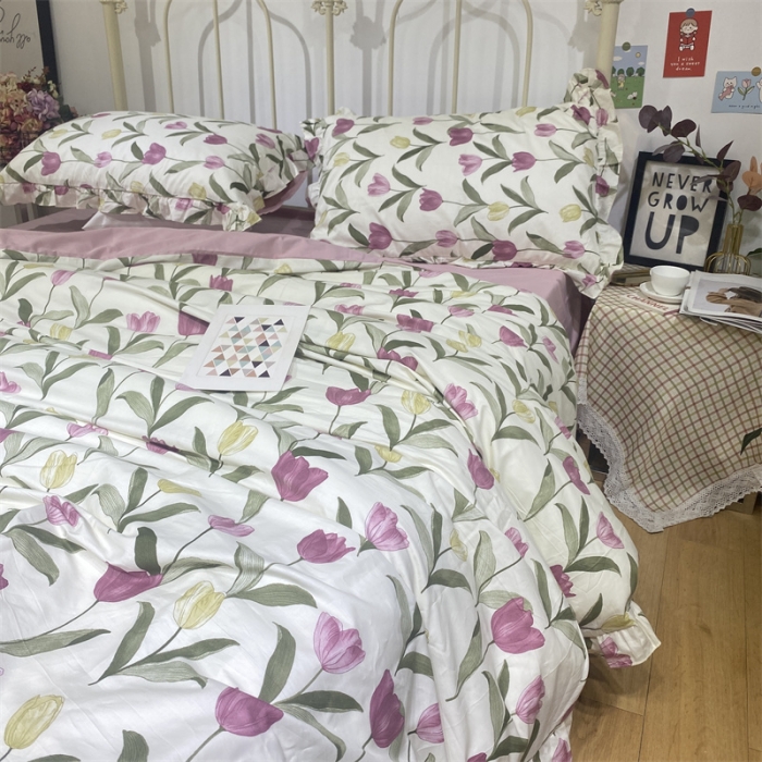 91家纺网 家纺一手货源 找家纺 棉生活 2022新款韩系花边碎花四件套 郁金香