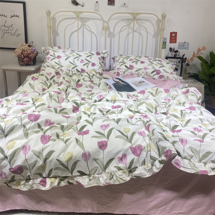 91家纺网 家纺一手货源 找家纺 棉生活 2022新款韩系花边碎花四件套 郁金香