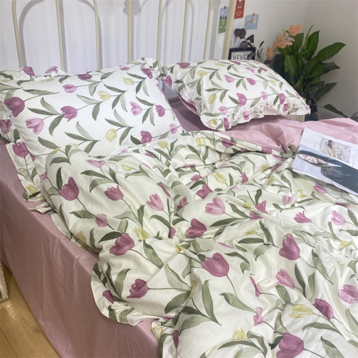 91家纺网 家纺一手货源 找家纺 棉生活 2022新款韩系花边碎花四件套 郁金香