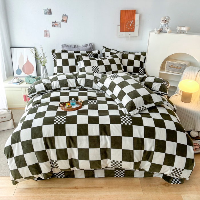 91家纺网 家纺一手货源 找家纺 2024新230克牛奶绒印花四件套定做定制任意尺寸格调-墨绿