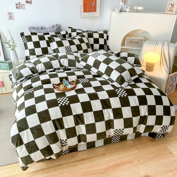 91家纺网 家纺一手货源 找家纺 2024新230克牛奶绒印花四件套定做定制任意尺寸格调-墨绿