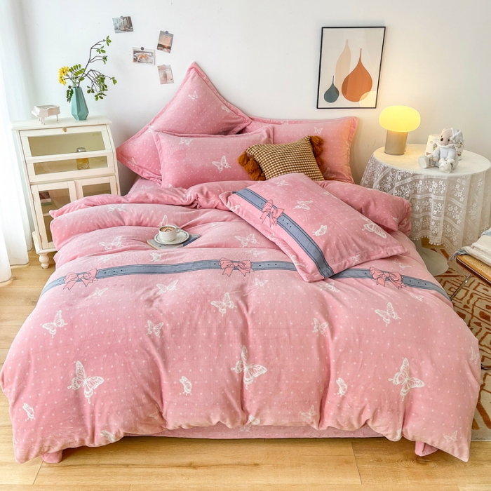 91家纺网 家纺一手货源 找家纺 2024新230克牛奶绒印花四件套定做定制任意尺寸 蝴蝶依依