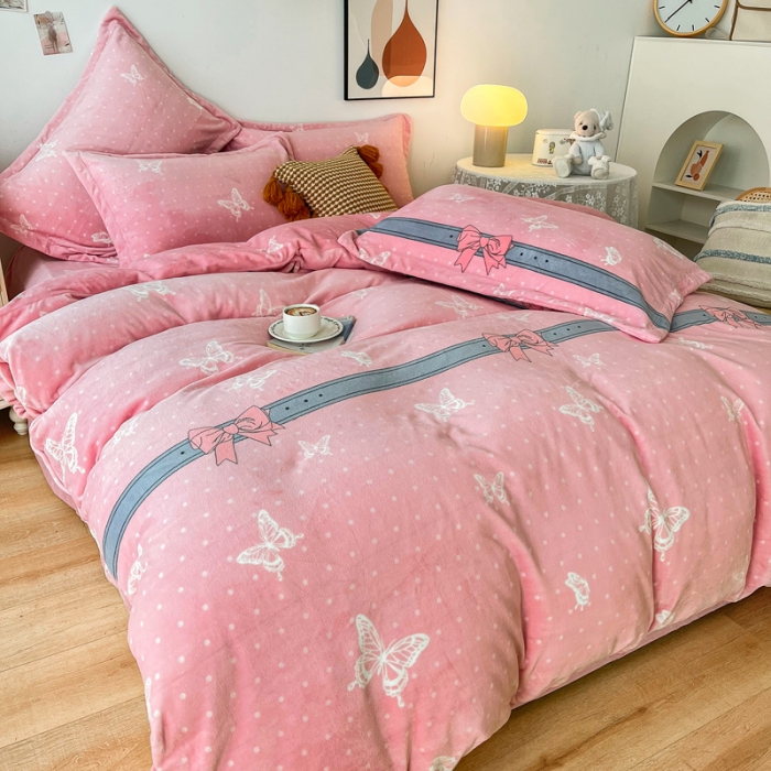 91家纺网 家纺一手货源 找家纺 2024新230克牛奶绒印花四件套定做定制任意尺寸 蝴蝶依依