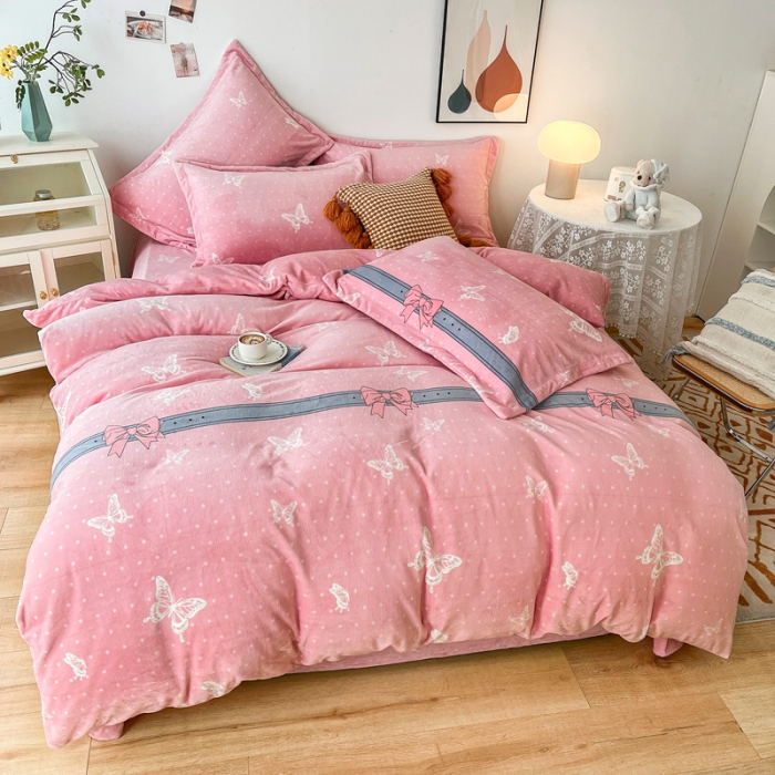 91家纺网 家纺一手货源 找家纺 2024新230克牛奶绒印花四件套定做定制任意尺寸 蝴蝶依依