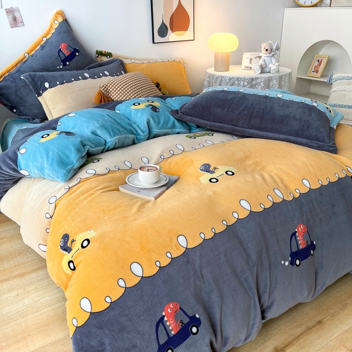 91家纺网 家纺一手货源 找家纺 2024新230克牛奶绒印花四件套定做定制任意尺寸 恐龙乐园