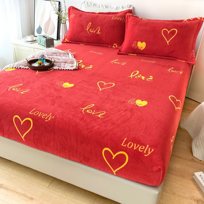 91家纺网 家纺一手货源 找家纺 2024新款230克牛奶绒印花单品床笠 可定做任意尺寸爱意浓