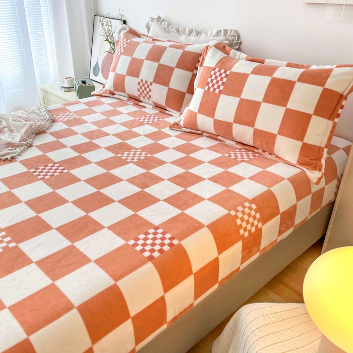 91家纺网 家纺一手货源 找家纺 2024新款230克牛奶绒印花单品床笠可定做任意尺寸格调-橙