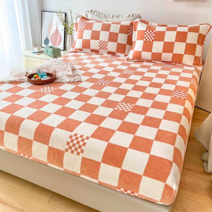 91家纺网 家纺一手货源 找家纺 2024新款230克牛奶绒印花单品床笠可定做任意尺寸格调-橙