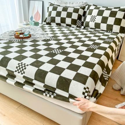 2024新款230克牛奶绒印花单品床笠可定做任意尺寸格调墨绿