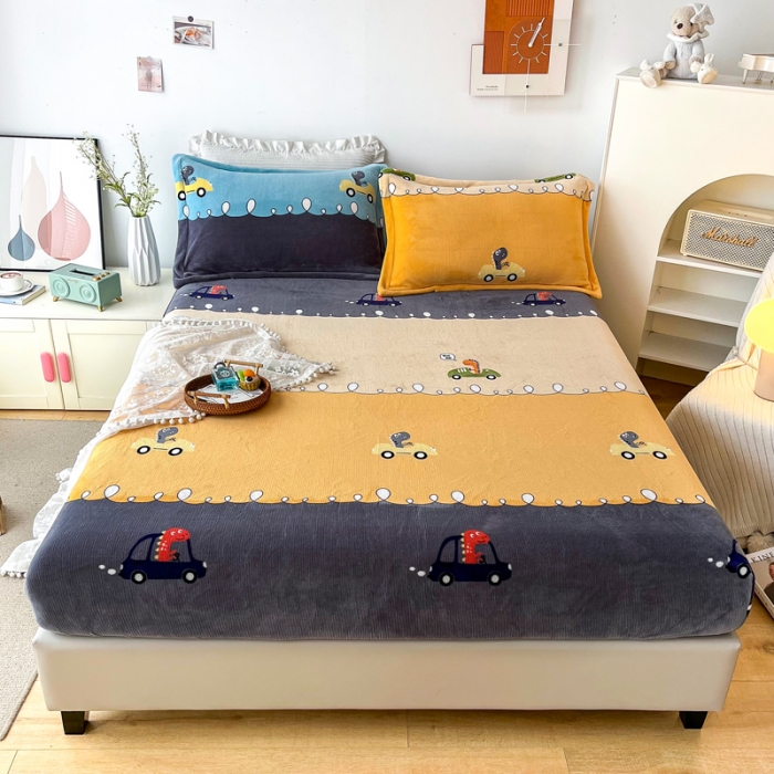 91家纺网 家纺一手货源 找家纺 2024新款230克牛奶绒印花单品床笠可定做任意尺寸恐龙乐园