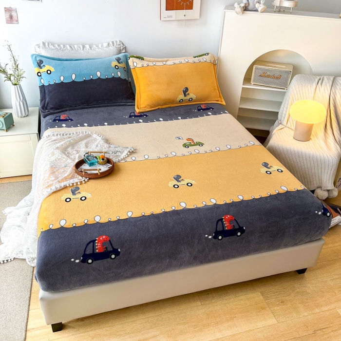 91家纺网 家纺一手货源 找家纺 2024新款230克牛奶绒印花单品床笠可定做任意尺寸恐龙乐园