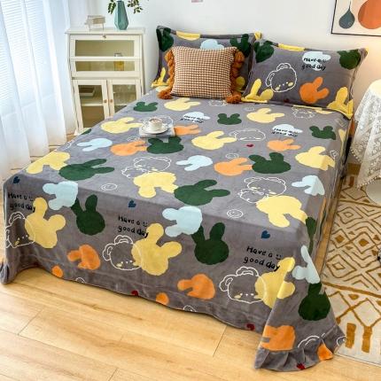 91家纺网 家纺一手货源 找家纺 锦罗绣 2024新款230克牛奶绒印花单品床单 萌萌兔