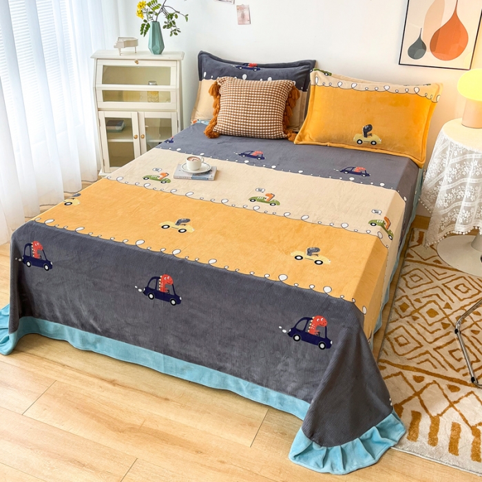 91家纺网 家纺一手货源 找家纺 锦罗绣 2024新款230克牛奶绒印花单品床单 恐龙乐园