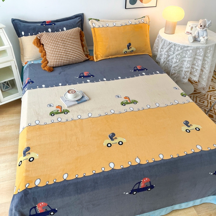 91家纺网 家纺一手货源 找家纺 锦罗绣 2024新款230克牛奶绒印花单品床单 恐龙乐园