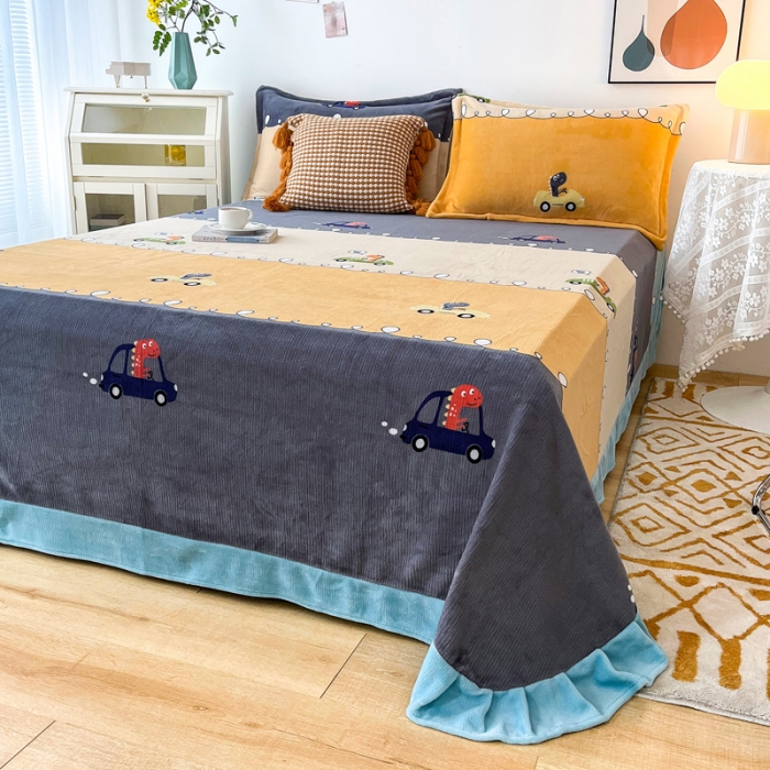 91家纺网 家纺一手货源 找家纺 锦罗绣 2024新款230克牛奶绒印花单品床单 恐龙乐园