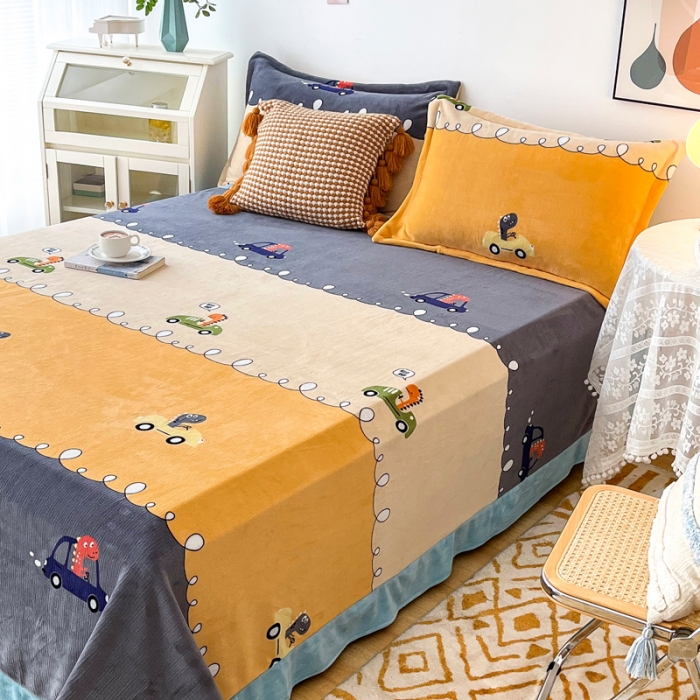 91家纺网 家纺一手货源 找家纺 锦罗绣 2024新款230克牛奶绒印花单品床单 恐龙乐园