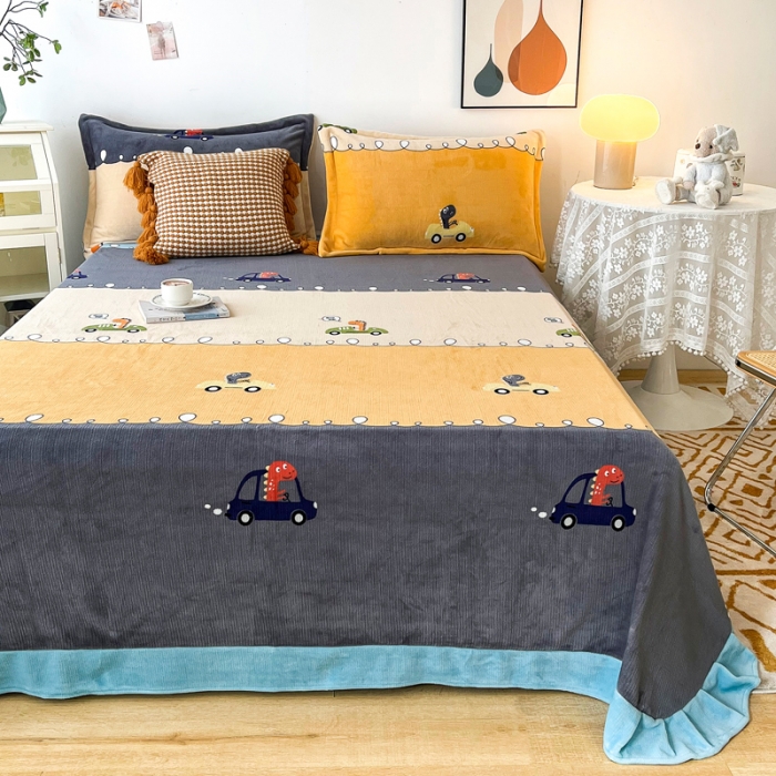 91家纺网 家纺一手货源 找家纺 锦罗绣 2024新款230克牛奶绒印花单品床单 恐龙乐园