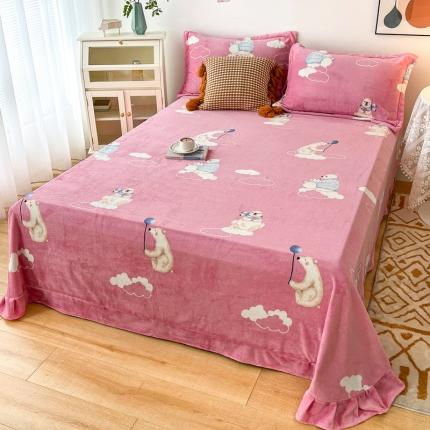 锦罗绣 2024新款230克牛奶绒印花单品床单 晚安熊-粉