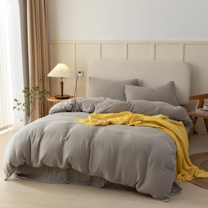 91家纺网 家纺一手货源 找家纺 淑女公社 2022四季新款双层纱皱皱纱肌理纹四件套 日暮灰