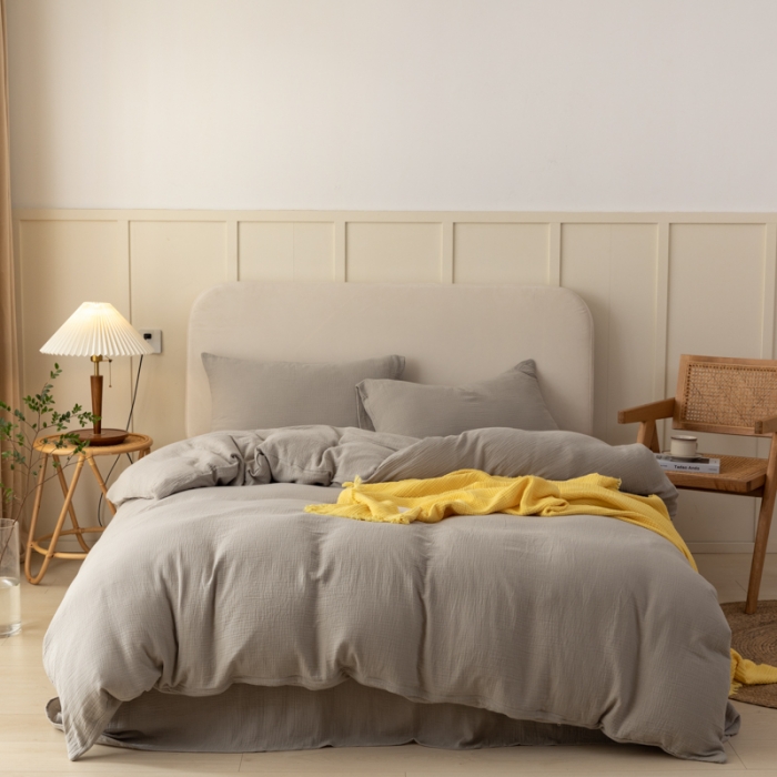 91家纺网 家纺一手货源 找家纺 淑女公社 2022四季新款双层纱皱皱纱肌理纹四件套 日暮灰