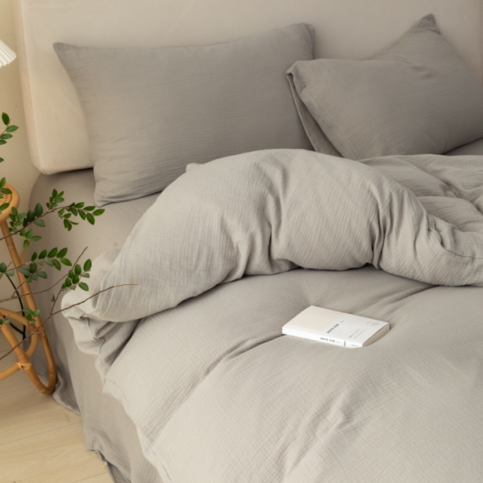 91家纺网 家纺一手货源 找家纺 淑女公社 2022四季新款双层纱皱皱纱肌理纹四件套 日暮灰