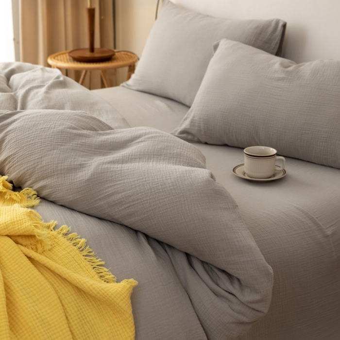 91家纺网 家纺一手货源 找家纺 淑女公社 2022四季新款双层纱皱皱纱肌理纹四件套 日暮灰