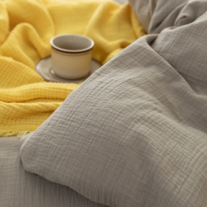 91家纺网 家纺一手货源 找家纺 淑女公社 2022四季新款双层纱皱皱纱肌理纹四件套 日暮灰