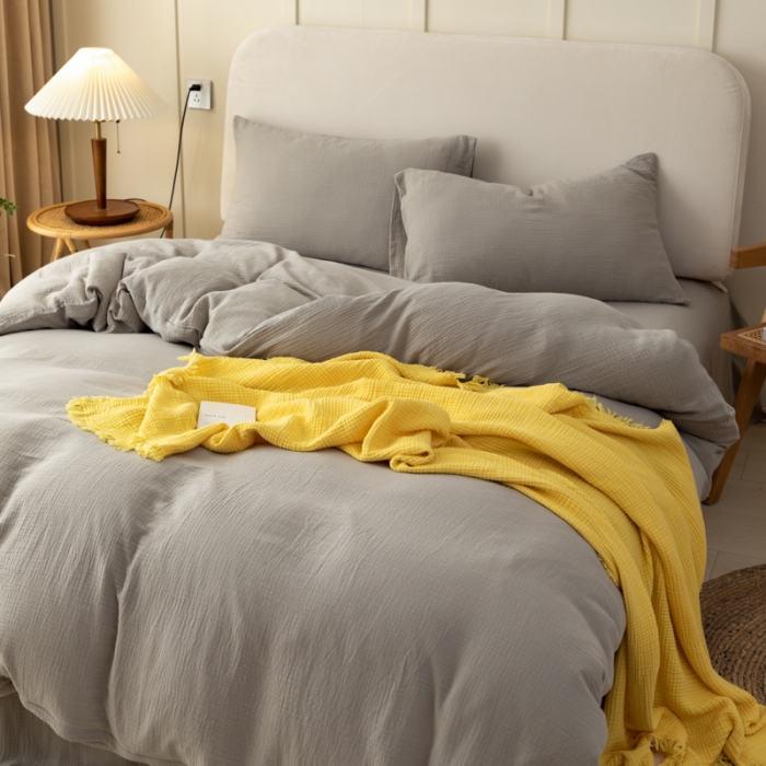 91家纺网 家纺一手货源 找家纺 淑女公社 2022四季新款双层纱皱皱纱肌理纹四件套 日暮灰