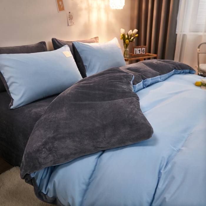 91家纺网 家纺一手货源 找家纺 啊雅 2025新款水洗棉+牛奶绒三件套四件套 天空兰加牛奶绒