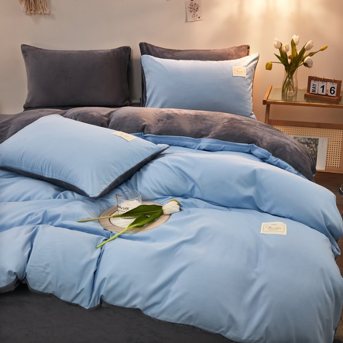 91家纺网 家纺一手货源 找家纺 啊雅 2025新款水洗棉+牛奶绒三件套四件套 天空兰加牛奶绒