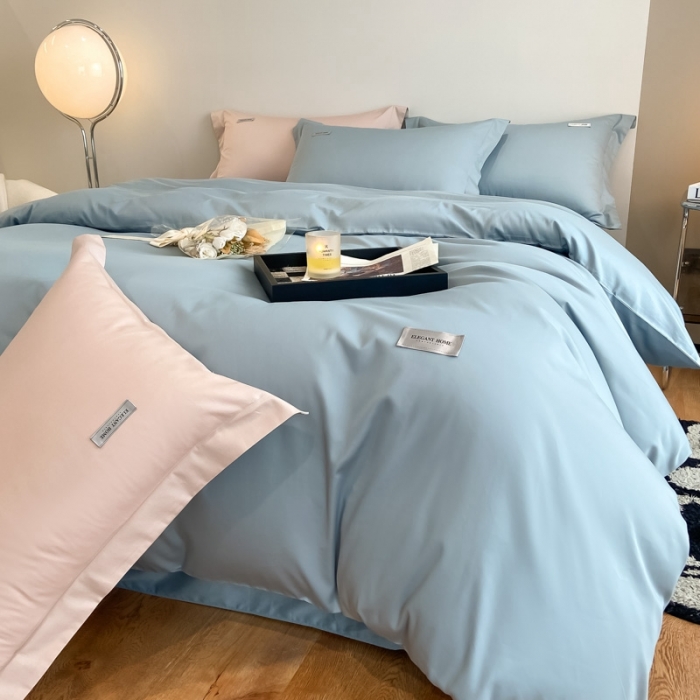 91家纺网 家纺一手货源 找家纺 高级感简约60s贡缎长绒棉纯色双拼床上四件套全棉被套天空蓝