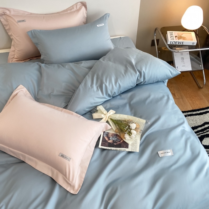 91家纺网 家纺一手货源 找家纺 高级感简约60s贡缎长绒棉纯色双拼床上四件套全棉被套天空蓝