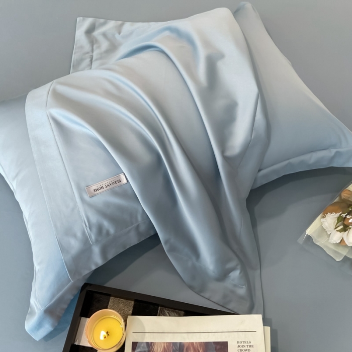 91家纺网 家纺一手货源 找家纺 高级感简约60s贡缎长绒棉纯色双拼床上四件套全棉被套天空蓝