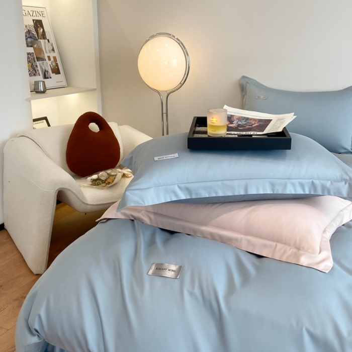 91家纺网 家纺一手货源 找家纺 高级感简约60s贡缎长绒棉纯色双拼床上四件套全棉被套天空蓝