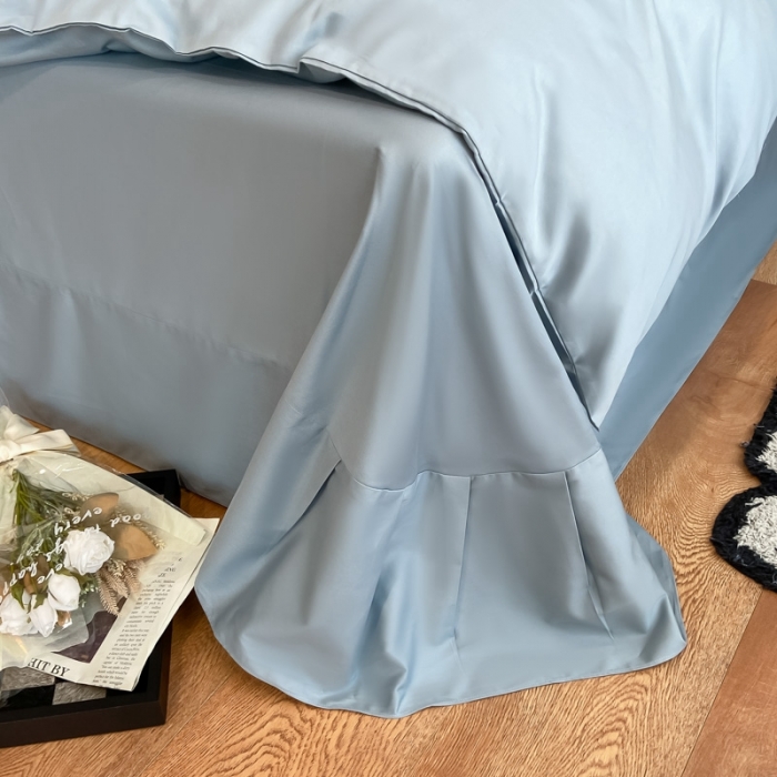 91家纺网 家纺一手货源 找家纺 高级感简约60s贡缎长绒棉纯色双拼床上四件套全棉被套天空蓝