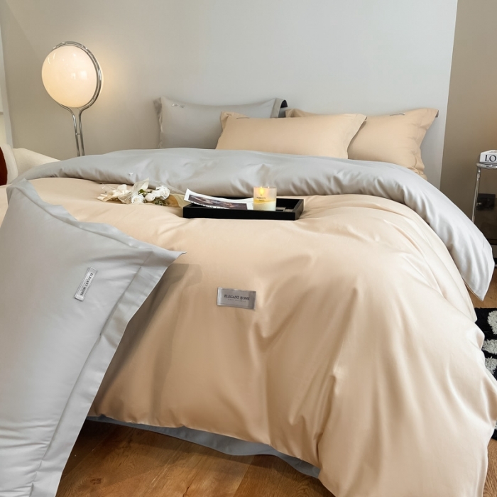 91家纺网 家纺一手货源 找家纺 高级感简约贡缎长绒棉纯色双拼床上四件套全棉被套香槟金烟墨灰