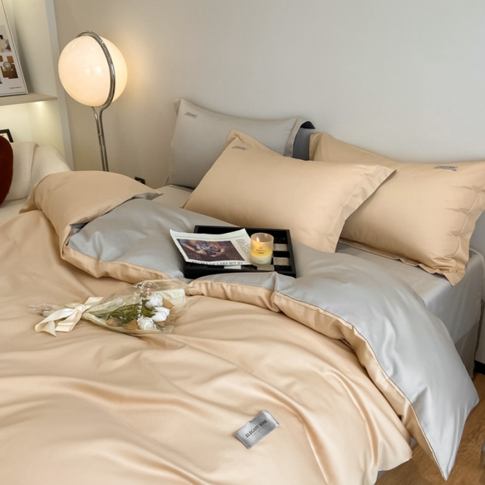 91家纺网 家纺一手货源 找家纺 高级感简约贡缎长绒棉纯色双拼床上四件套全棉被套香槟金烟墨灰